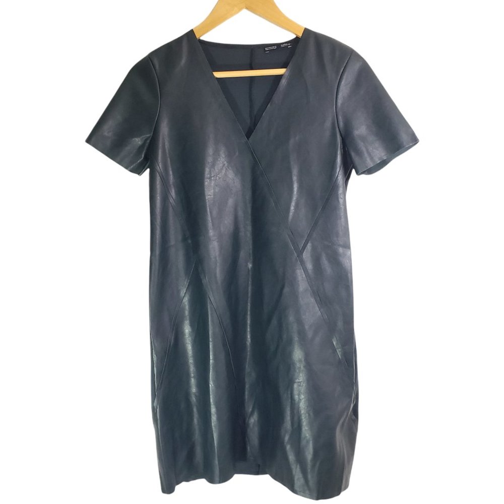 ZARA COLLECTION Small Black Faux Leather Knit, V-Neck, Shift, Short Sleeve Dress